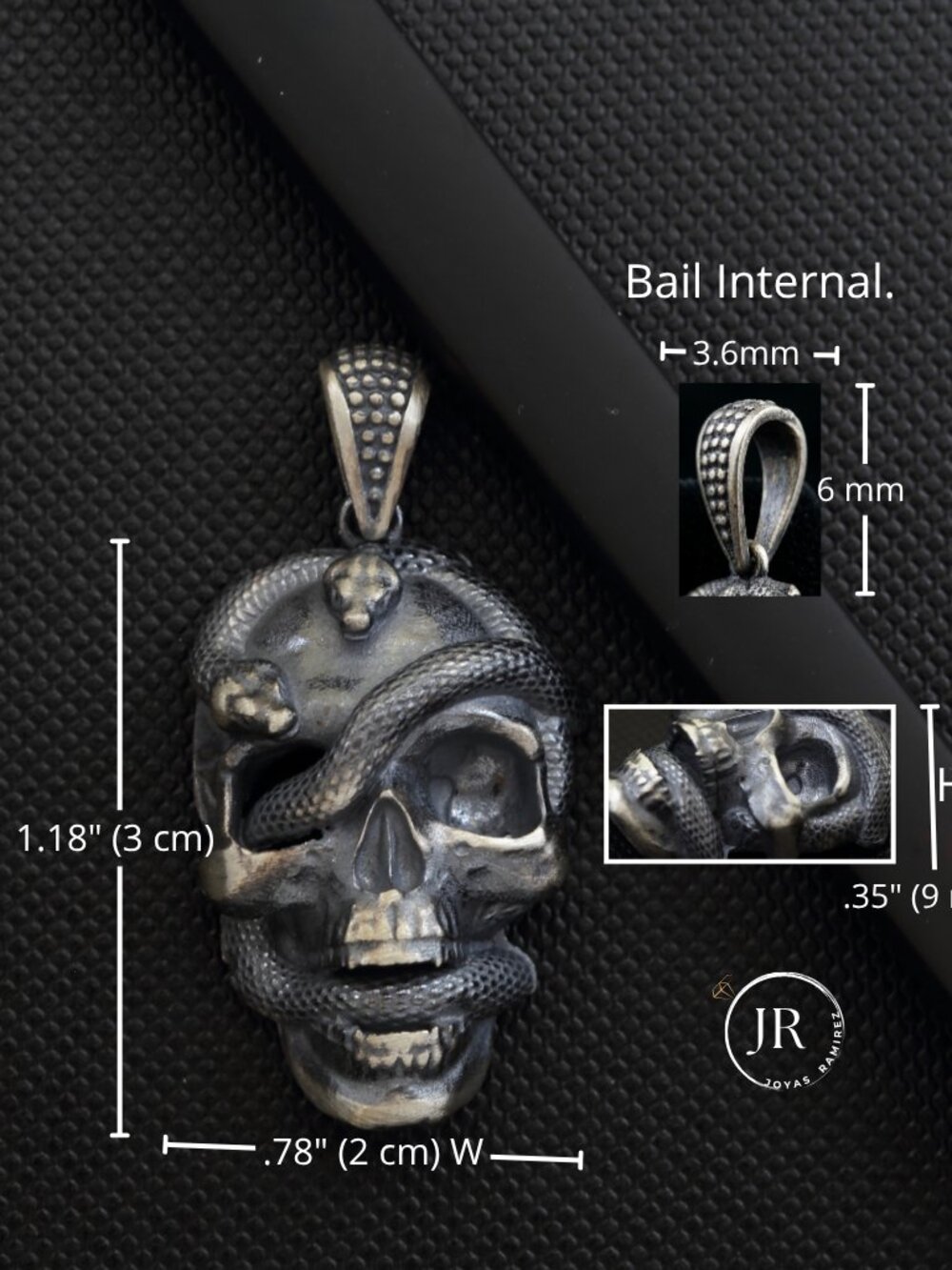 Skull & Snake Pendant • .925 Sterling Silver • Detailed Oxidized Antique Finish - Picture 9 of 10